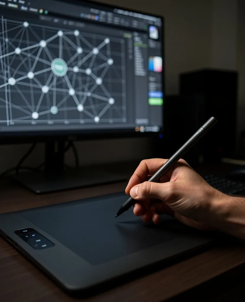 Diseñador trabajando en un lienzo de Figma con pluma digital