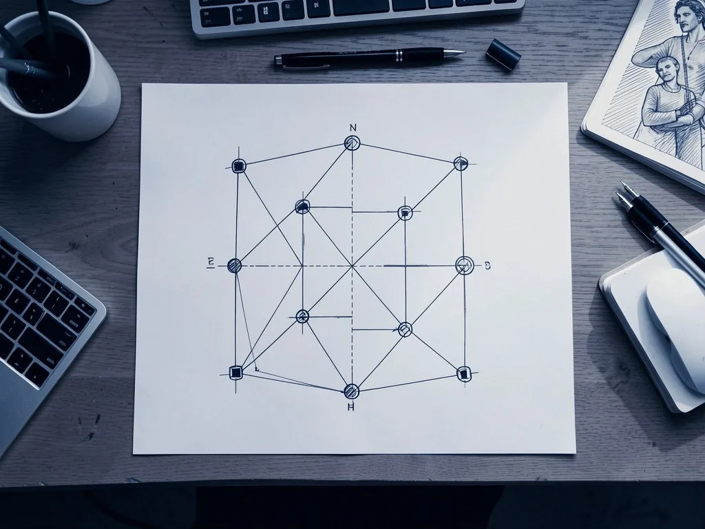 Diagrama estructural de nodos conectados en escritorio de diseño